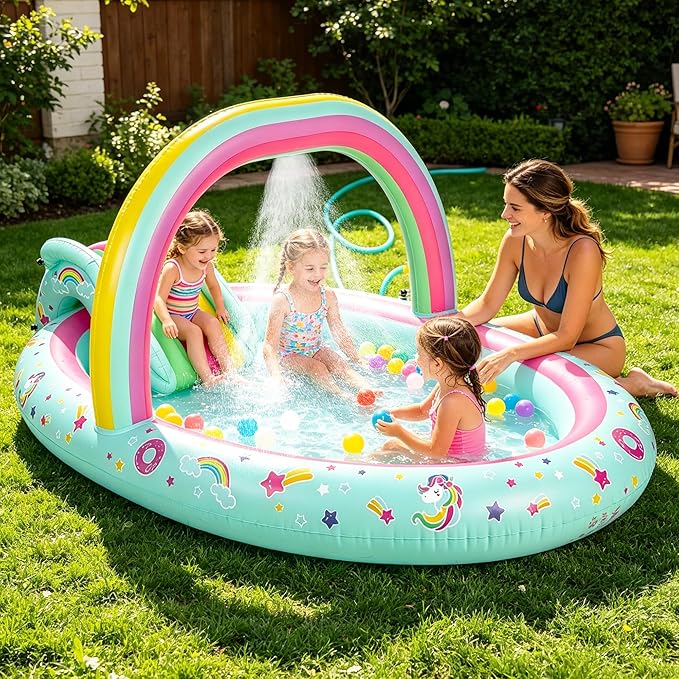 SULIFEEL Rainbow Unicorn Inflatable Play Center Kiddie Pool with Slide and Sprinkler for Children, 96''x59''x39'' Baby Pool for Backyard and Garden