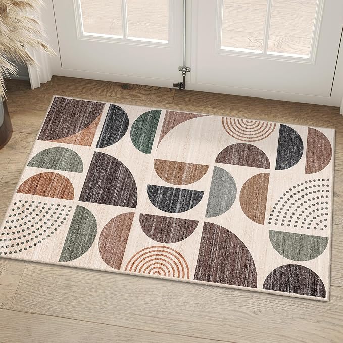 Small Rug Washable,2x3 Area Rugs Non Slip Modern Abstract | Machine Washable Throw Carpet for Entryway Bathroom Entry Entrance Bedroom Kitchen Boho Soft Low Pile Floor Indoor Brown