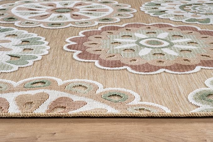 Outdoor Rug 8x10 Washable Area Rugs Indoor Outdoor Carpets Beige Bohemian Medallion Non Shedding Waterproof Easy Clean Patio Deck Porch Living Room Bedroom Garden RV (8 X 10 Beige)