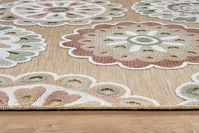 Outdoor Rug 9x12 Washable Area Rugs Indoor Outdoor Carpets Beige Bohemian Medallion Non Shedding Waterproof Easy Clean Patio Deck Porch Living Room Bedroom Garden RV (9 X 12 Beige)