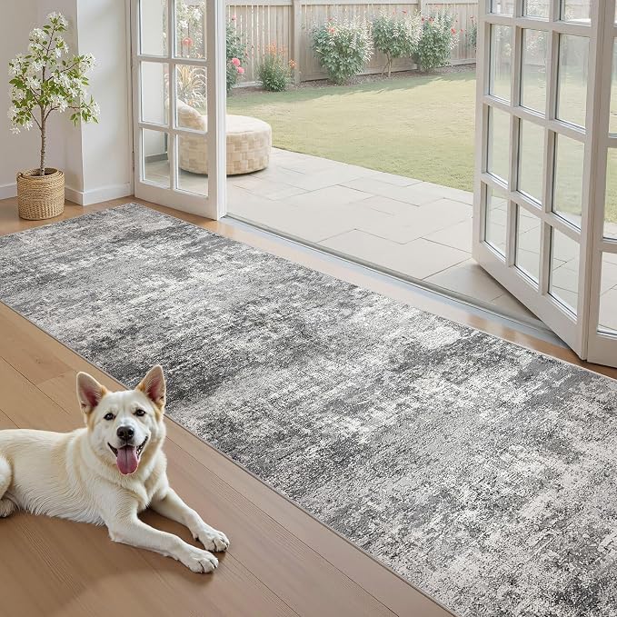 DMOYEST 3x10 Washable Runner Rug for Hallway Abstract Soft Carpet Runner | Neutral Modern Low Pile Area Rug Kid & Pet Friendly Non-Slip Carpet for Entryway Kitchen Dining Room - Grey