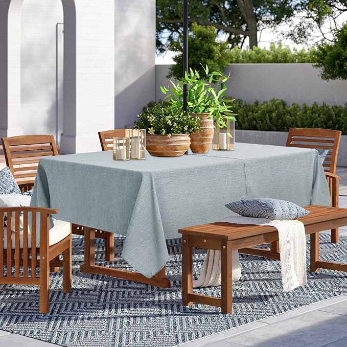 LUSHVIDA Outdoor Tablecloth with Umbrella Hole - Patio Table Cloth Zippered Rectangle 60x102 Inch, Light Gray Linen-Look Polyester Table Cover Water Resistant for Picnic Outside