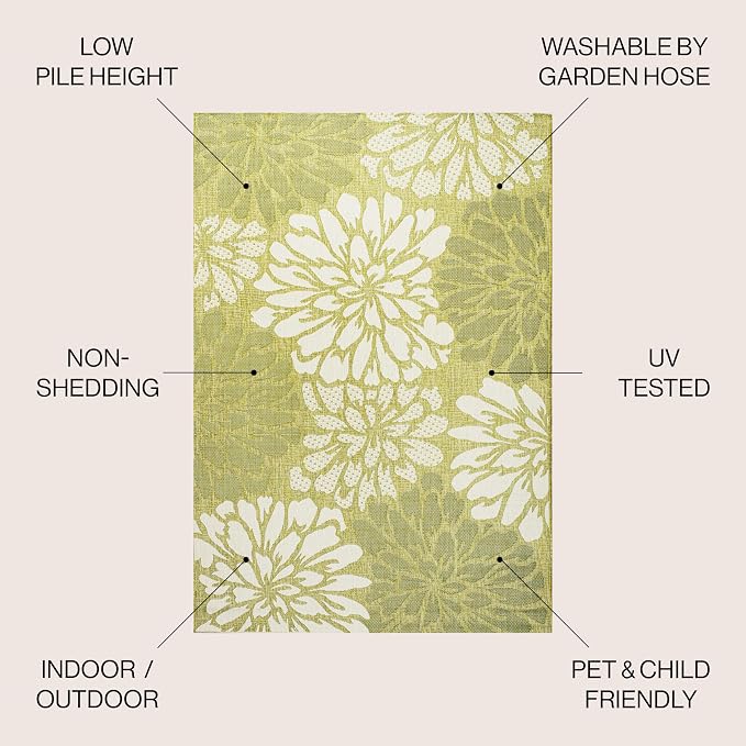 JONATHAN Y Floral Textured Weave Indoor Outdoor Area Rug 8X10 Green/Cream, Zinnia Modern for Backyard, Patio, Porch, Easy-Cleaning, High Traffic, Pet-Friendly, Non-Shedding (SMB110H-8)