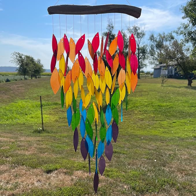 Blue Handworks Rainbow Deluxe Waterfall Glass Wind Chime | Handcrafted Deluxe Waterfall Glass Wind Chime Spanning the Full Rainbow Spectrum - Violet, Blue, Green, Yellow and Red
