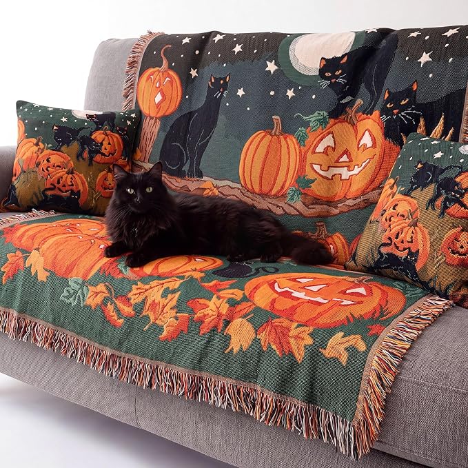 Moukeren 60 x 50 Inch Halloween Woven Tapestry Blanket with Pumpkin and Cat with Colorful Tassels for Couch Sofa Chair, and Wall Hanging Home Decor