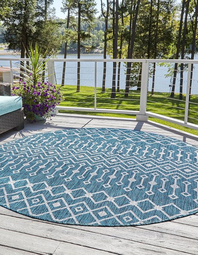 Unique Loom Outdoor Trellis Collection Area Rug - Tribal Trellis (3' 3" Round, Teal/ Ivory)