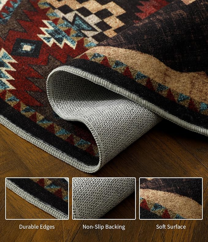 YIHOUSE Rustic Round Rug 6ft, Washable Circle Area Rug with Non-Slip Backing, Low Pile Soft Western Cabin Rugs for Living Room, Bedroom