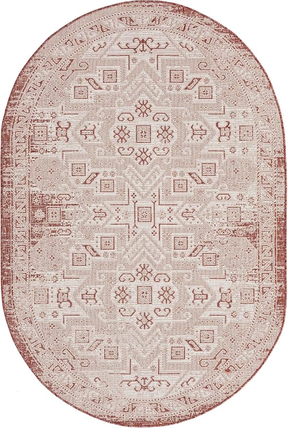 Unique Loom Outdoor Aztec Collection Area Rug - Coba (5' 3" x 7' 10" Oval, Rust Red/ Ivory)