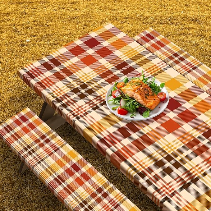Picnic Table Cover with Bench Covers Elastic Edges, Fall Autumn Fitted Table Cover, Outdoor Patio Camping Essentials 72 Inch 3PCS, Waterproof Camping Fitted Tablecloth with Drawstring Bag