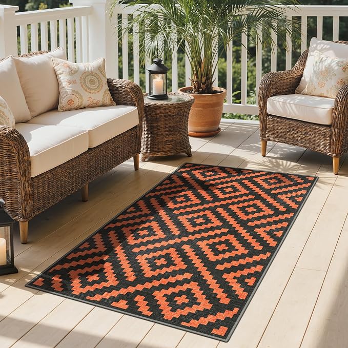 GENIMO Outdoor Rug for Patio Clearance, 3'x5' Indoor Area Rug, Waterproof Reversible Fall Doormat, Outside Camping Carpet for Porch, Living Room, Balcony, Deck, Bedroom, Picnic, Black Orange