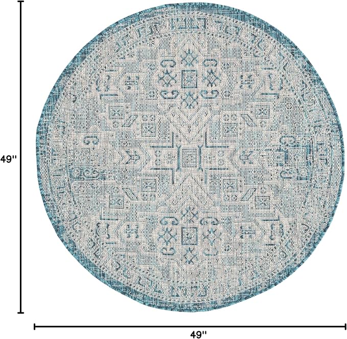 Unique Loom Outdoor Aztec Collection Area Rug - Coba (4' 1" Round, Teal/ Ivory)