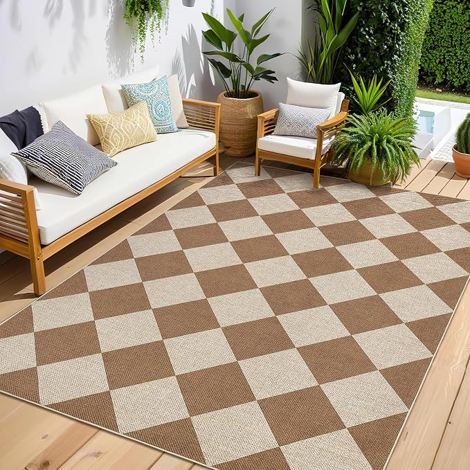 GarveeHome Checkered Easy Jute Area Rug 10x13 Machine Washable Non-Slip Stain Resistant Indoor Outdoor Rugs for Living Room, Bedroom, Kitchen, Dining, Patio Farmhouse Style Brown