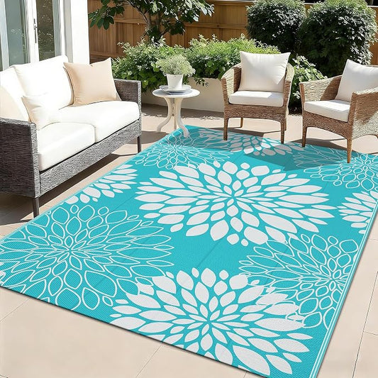 Ileading Waterproof Outdoor Rug 5x8, Reversible Plastic Straw Patio Rug, Portable Indoor Outdoor RV Camping Mat Carpet for Deck, Porch, Balcony, Backyard, Picnic, Floral Teal