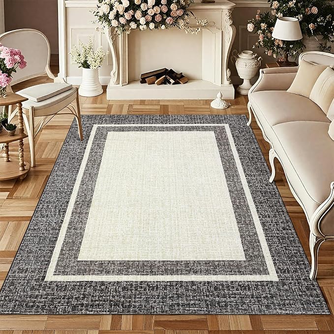 GAOMON 5x7 Area Rugs Washable Rug Non Slip Modern Rug Soft Faux Wool Indoor Carpet Contemporary Bordered Throw Rugs Low Pile Non-Shedding Print Carpet for Bedroom Living Room Dining Room Office Brown