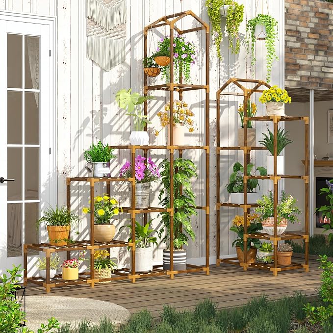 EnHomee 73.6" H Plant Stand Indoor Outdoor Tall Plant Shelf for 17-23 Pots Corner Tiered Plant Stands for Multiple Plants Wood Hanging Plants Holder for Garden Balcony Patio Window Porch