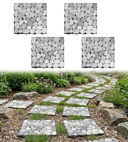 jxgzyy 4 Pcs Interlocking Stepping Stones Outdoor for Garden, 11.8" Square Pavers for Landscaping, Outside Pebble River Stone Mat for Yard Lawn Patio Pathway Walkway, DIY Landscape Decor - Light Grey