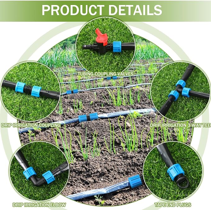Tondiamo 1000 ft 5/8 Inch Drip Tape Irrigation Tubing Kit 16 Mil 6 Spacing Hose Garden Landscape Irrigation System Automatic Equipment for Farms
