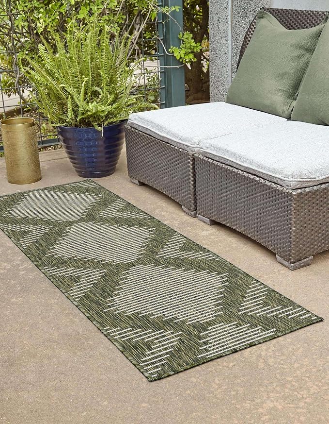 Unique Loom Outdoor Modern Collection Area Rug - Tambor (2' x 4' Runner Green/Ivory)
