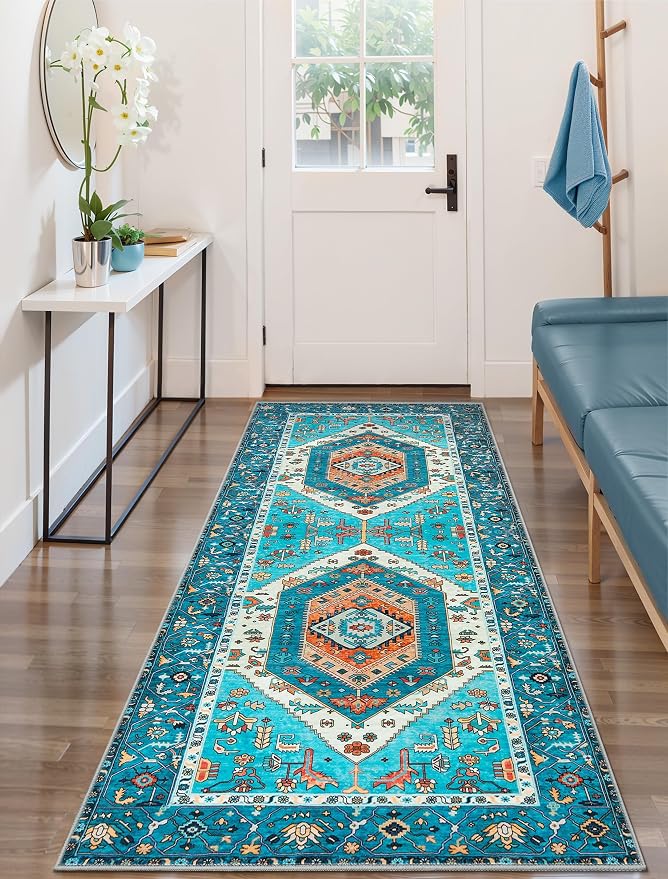 SERISSA 2x6 Washable Non Slip Boho Runner Rug for Hallway，Blue | Ultra Soft Vintage Oriental Carpet Low-Pile Distressed Tribal Floor Carpet for Kitchen Bedroom Bathroom Laundry Living Room
