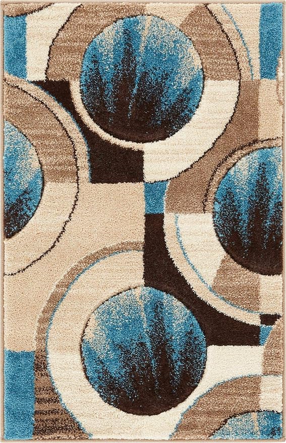 Well Woven Ruby Geometric 2x3 Mat Blue & Grey Vibrant Modern Contemporary Hand Carved Sunburst Design Perfect for Entryways & Small Spaces Plush Easy-Care Easy-to-Clean