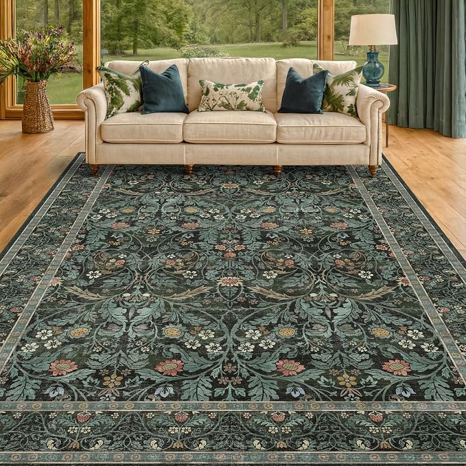 Washable Area Rug 9x12 Living Room, Ultra Soft Dark Floral Large Washable Rugs for Bedrooms, Dining Room, Moody Woodland Low Pile & Non Skid Indoor Floor Carpets (Dark Green)