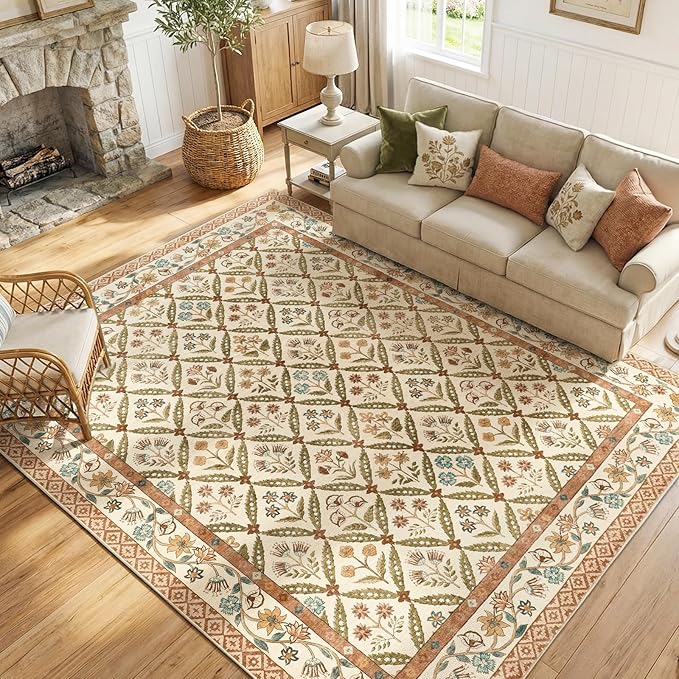 jinchan 8x10 Vintage Floral Washable Large Living Room Area Rug, Terracotta | Soft & Lightweight, Checkered Floral, Low Pile, Non Slip, Bedroom, Dining Room, Girls Room, Home Office, Cottage Decor