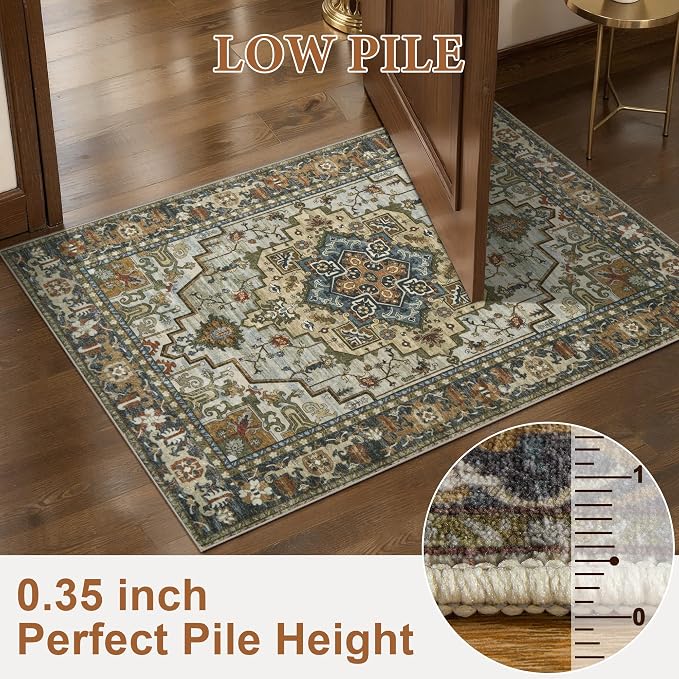 Tangsoo Vintage 2x3 Washable Rugs for Entryway, Non Slip Small Area Rug Farmhouse Indoor Front Door Rug, Oriental Print Door Mat Small Carpet, Soft Low Pile Rugs for Entry Entrance Kitchen Bedroom