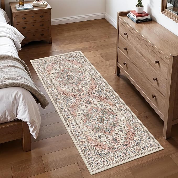 2x5 Vintage Runner Rug Low Pile Non-Slip Washable Kitchen Rug | Retro Distressed Print Rug Non-Shedding Beige Pink Carpet Stain Resistant Long Rug for Hallway Kitchen Bedroom Laundry Room