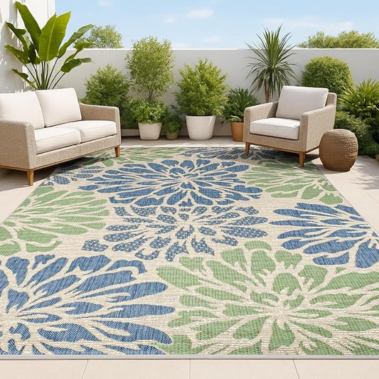 JONATHAN Y Floral Textured Weave Indoor Outdoor Area Rug 10X14 Navy/Green, Zinnia Modern for Backyard, Patio, Porch, Easy-Cleaning, High Traffic, Pet-Friendly, Non-Shedding (SMB110B-14)