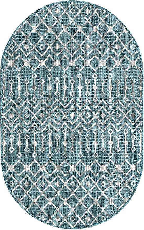 Unique Loom Outdoor Trellis Collection Area Rug - Tribal Trellis (3' 3" x 5' 3" Oval, Teal/ Ivory)