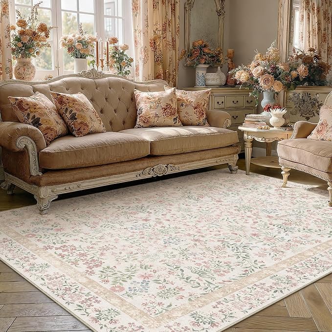 5x7 Pink Floral Area Rug Vintage Farmhouse Style | Washable, Non Slip, Soft Low Pile, Carpet for Bedroom, Living Room, Dorm Room, Nursery, Botanical Decor