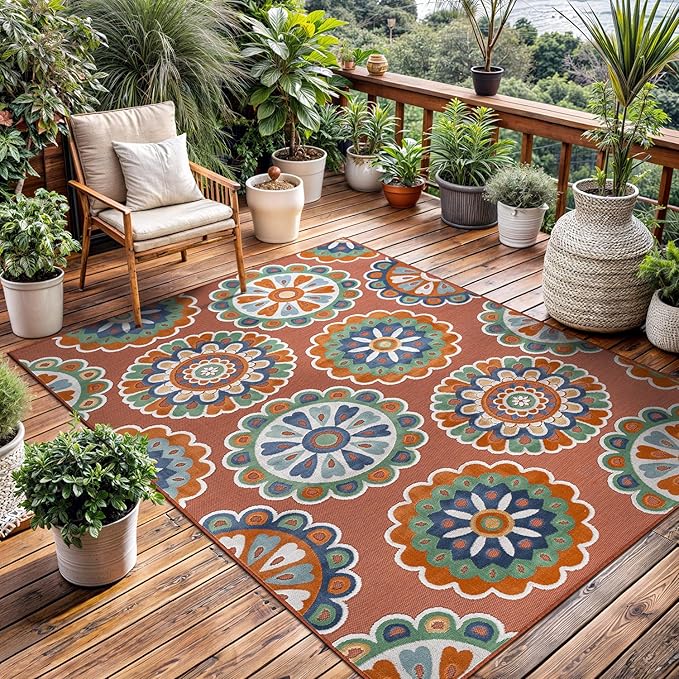 Outdoor Rug 9x12 Washable Area Rugs Indoor Outdoor Carpets Orange Bohemian Medallion Non Shedding Waterproof Easy Clean Patio Deck Porch Living Room Bedroom Garden RV (9 X 12 Orange)