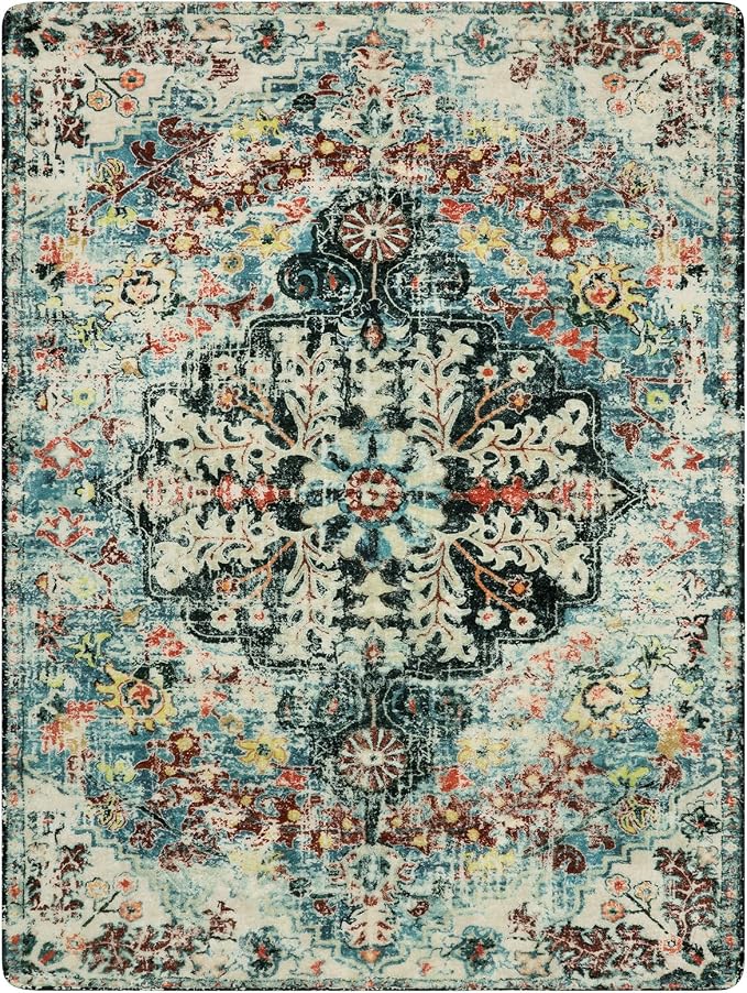 Lahome Reine Area Rugs 9x12 Living Room Boho Washable Rugs,Large Boho Rugs for Bedroom Dining Room,Floral Soft Non Slip Low Pile Throw Indoor Floor Carpet for Nursery Kids Playroom(9x12ft,Teal)