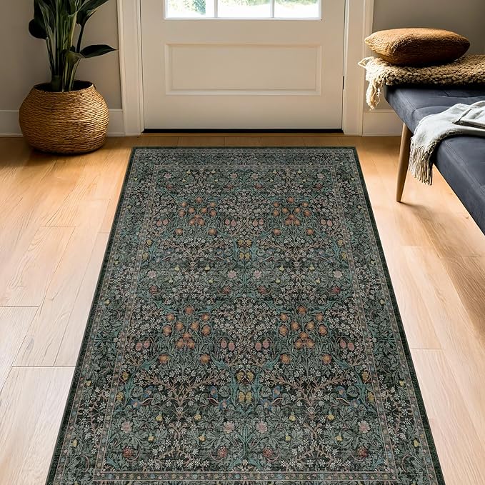 Dark Green Washable 3x6 Runner Rug for Entryway, Low Pile Non-Slip Indoor Floor Area Rugs for Kitchen, Bedroom Bedside, Bathroom, Stain & Fade Resistant, Vintage Floral Design