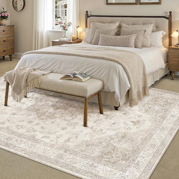 Beige 10x14 Washable Area Rug Vintage Oriental Medallion Carpet | Soft Low Pile, Non Slip, Stain Resistant, Large, Neutral Retro Decor for Living Room, Bedroom, Dining Room, Kids Room