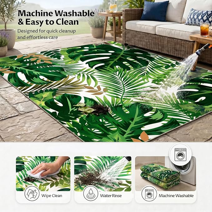Arenarug 5x8 Monstera Tropical Outdoor Rug – Waterproof Non-Slip Machine Washable Patio Rug, UV & Stain Resistant Outdoor Carpet for Patio Deck Balcony Backyard, Green