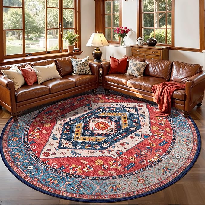 SERISSA 8ft Washable Non Slip Round Boho Area Rug for Living Room，Rust | Ultra Soft Vintage Oriental Carpet Low-Pile Large Circular Carpet for Bedroom Dining Room Kids Room Office College Dorm