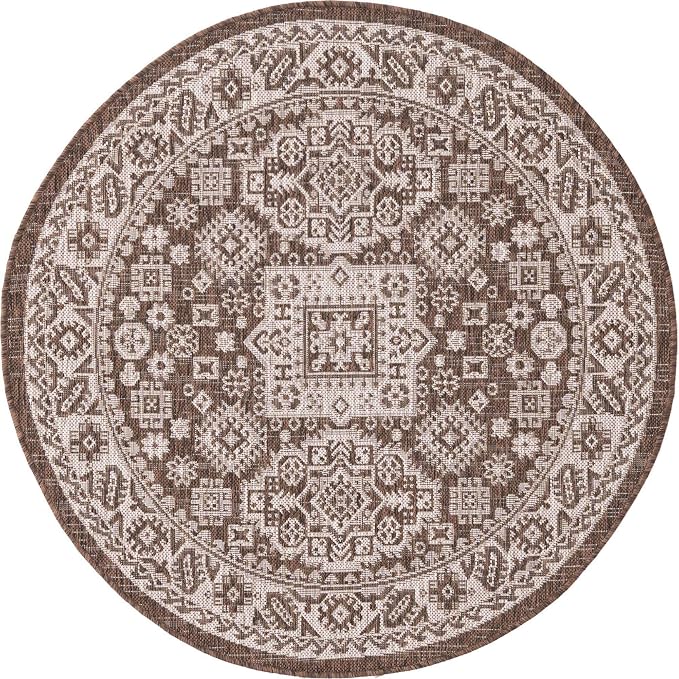 Unique Loom Outdoor Aztec Collection Area Rug - Chalca (4' 1" Round, Brown/ Ivory)
