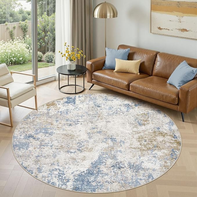 Nakagishi 6X6 Abstract Washable Area Rugs for Living Room-Blue Brown | Modern Non-Slip Silicone Backing Low Pile Soft Carpet for Bedroom Dining Decor Ideal for Families with Kids and Pets
