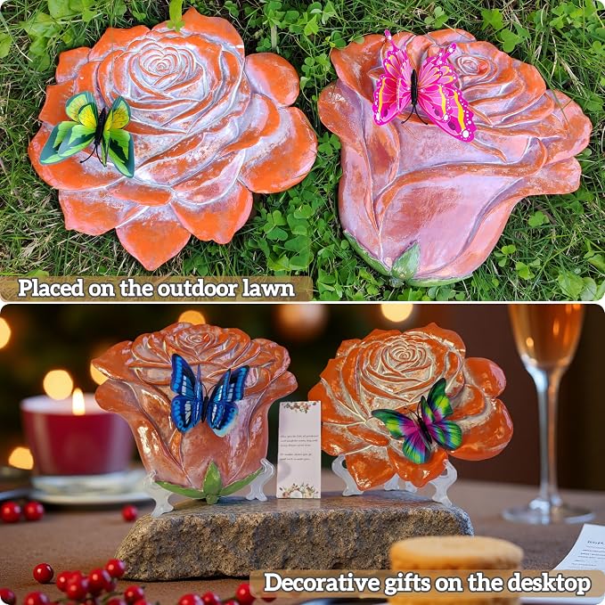 Garden Stepping Stones Outdoor Walkway – Resin Rose Flower Pavers for Path, Lawn & Backyard – Courtyard Entrance Decorative Small Statue with Artificial Flowers – Set of 2, Brown