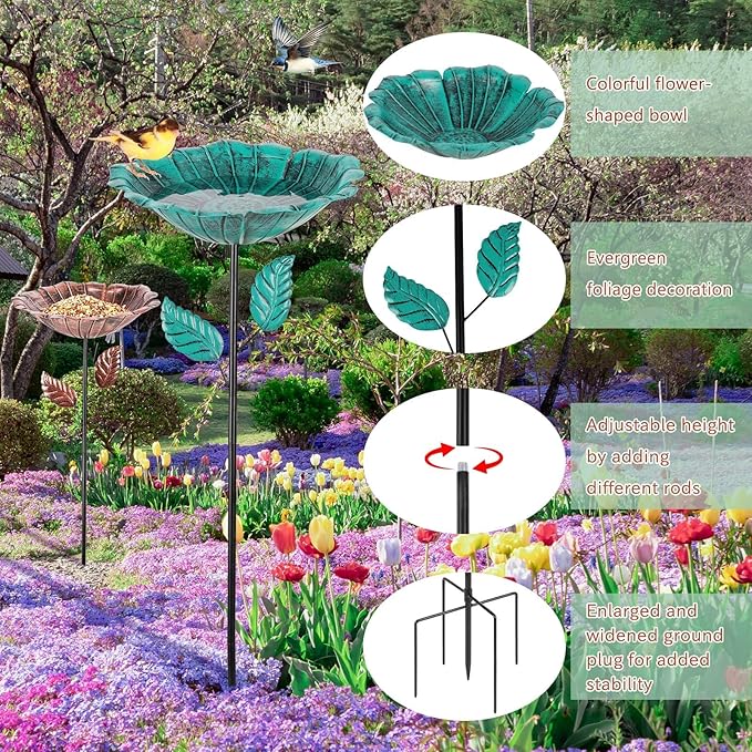 2 Pack Bird Baths for Outdoors, Vintage Metal Bird Bath for Outside, Hummingbird Bath with Five Stakes, Garden Flower Small Birdbath for Garden Decor, 31.3" H x 10.63" Dia (Bronze,Vintage Green)