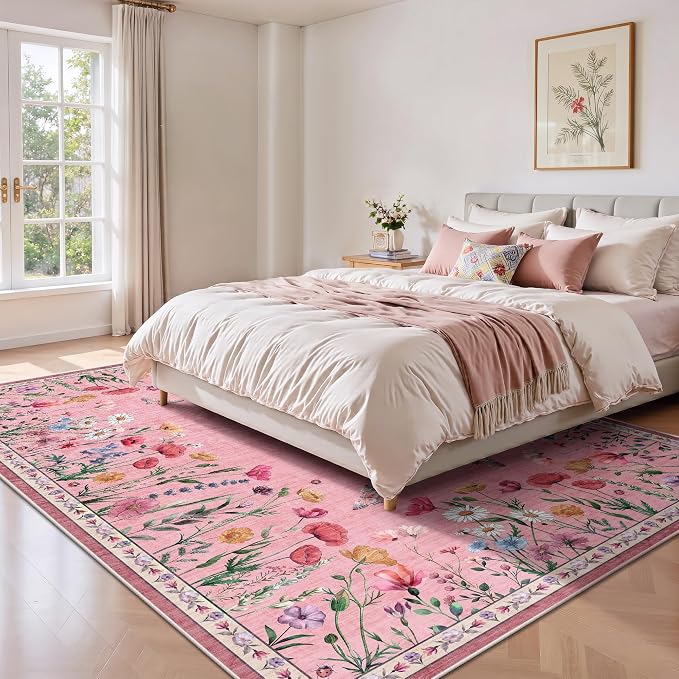 5x7 Area Rugs, Rugs for Bedroom, Indoor Non-Slip Washable Rug for Living Room, Dining Room, Low Pile Home Decor Floral Rug(Pink)