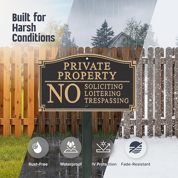 SmartSign Private Property Sign for Yard, No Soliciting Loitering Trespassing Garden Plaque | 5.75" x 9.5" Aluminum Plaque with 18" Black Lawn Stake, Made in USA