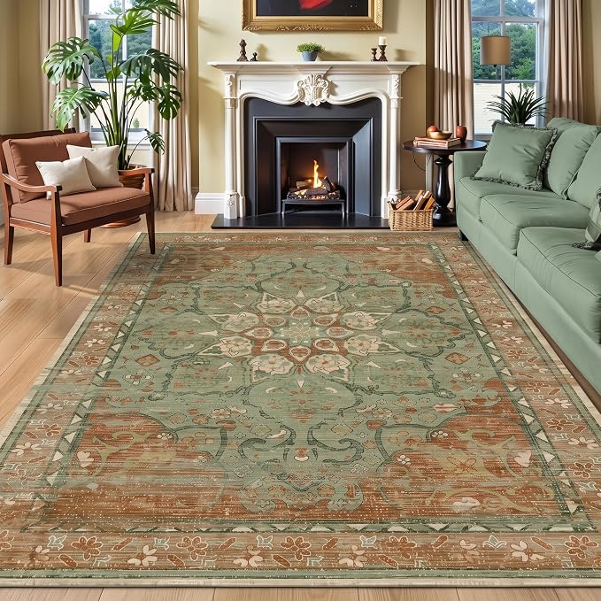 RUGIXE 8'x10' Sage Green/Rust Vintage Boho Washable Living Room Area Rug