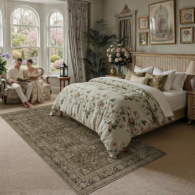 5x7 Taupe Brown Vintage Area Rug | Washable, Non Slip, Soft Low Pile, Distressed Farmhouse, for Living Room Bedroom Dining Room Office Indoor Home Decor