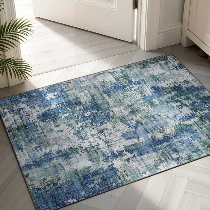Sasttie 2x3 Entryway Area Rug, Modern Abstract Small Carpet, Blue & Green | Machine Washable, Ultra-Soft Faux Wool, Non-Slip, Low Pile, Thin, for Entrance, Door-Mat, High-Traffic Areas
