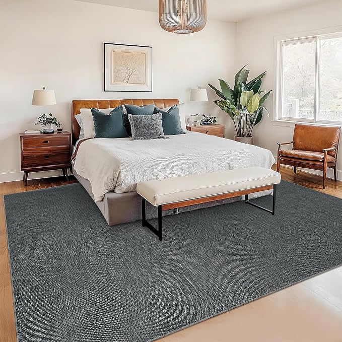 Garvee Large Washable Rug 9x12 Modern Solid Rugs for Living Room Charcoal | Non Slip Woven Textured Bedroom Rug Ultra-Thin Non-Shedding Farmhouse Carpet Neutral Foldable Throw Rugs for Bedroom Office