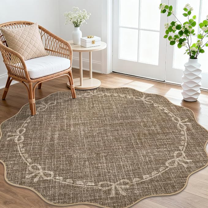 GarveeHome 4ft Round Rugs Washable Scalloped Bow Rug for Bedroom, Brown | Non Slip Soft Low Pile Ultra-Thin Stain Resistant Indoor Carpet for Living Room Nursery Girls Dorm Decor Kids Room Playroom