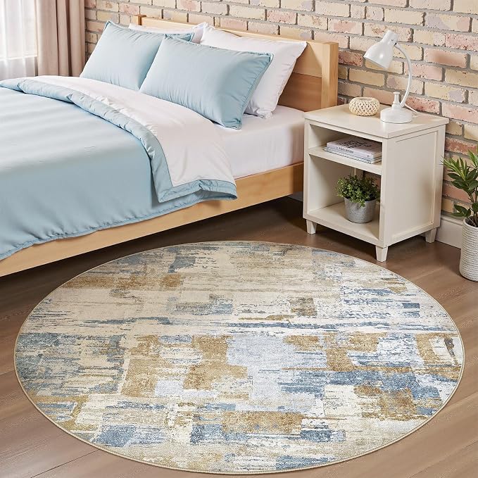 kakania Abstract 5x5 Round Rugs for Living Room: Circle Rugs 5FT Blue | Washable, Soft, Non-Slip, Low-Pile, Pet & Kid Friendly - Modern Home Decor Carpet for Bedroom/Dining Room/Nursery