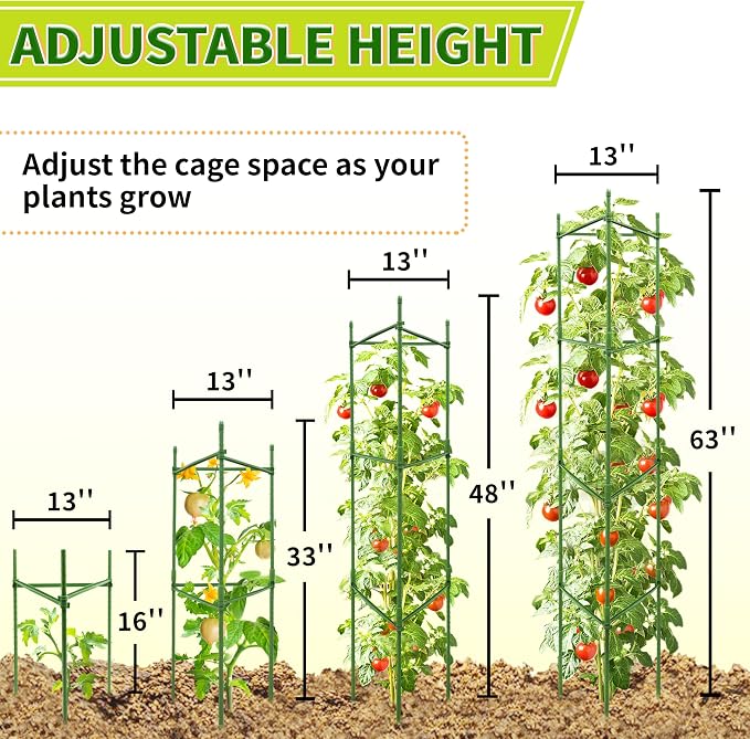 63-Inch Heavy Duty Tomato Cages, 8-Pack Extra Tall Metal Tomato Trellis, Steel Tube Plant Cage for Indeterminate Tomatoes, Cucumbers, Pole Beans – Rust-Proof Coated